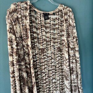 Katie Todd Brown White Open Front Weave Knit Long Sleeve Cardigan XL Boho Earthy